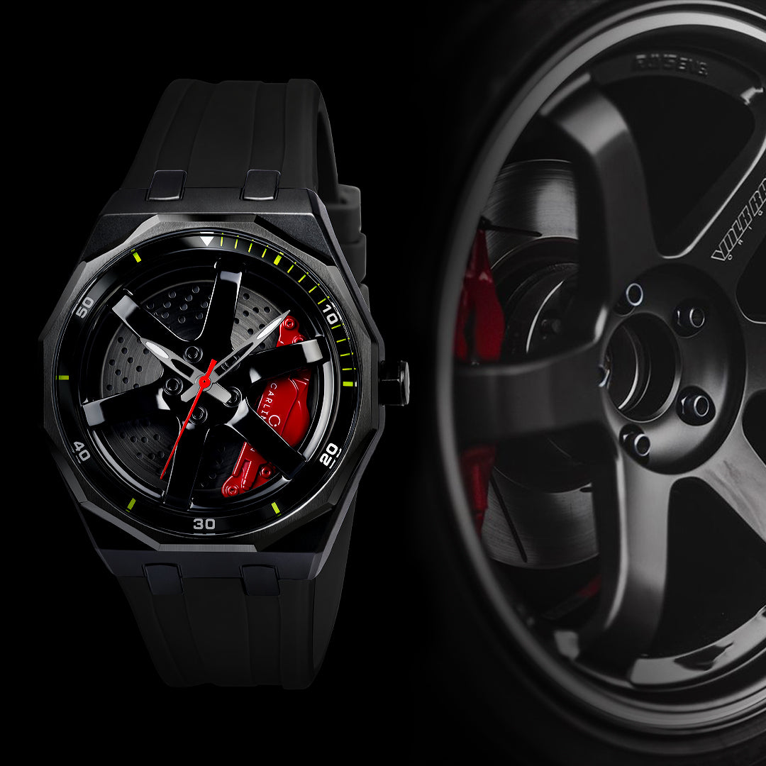 Carlington Nitro Series Analog Watches for Men | Unique Wheel Dial Design | Premium Silicone Strap | Stylish Sports Look | Quartz Movement Wrist Watches for Boys & Men_CT-7277 Black