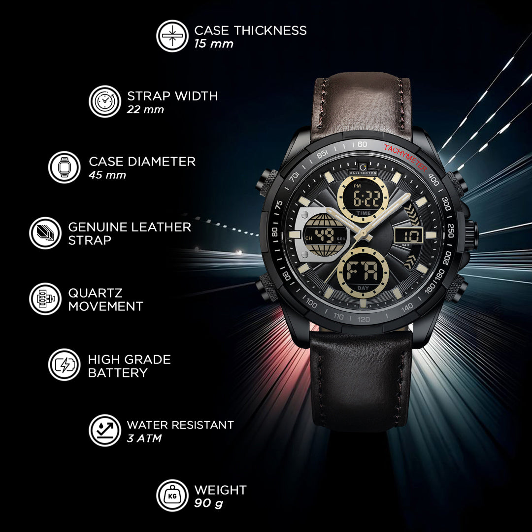 Carlington Nitro Analog-Digital Men’s Premium Leather Strap Wrist Watch | Quartz Movement | Water & Shock Resistant Watch for Men | Casual & Formal Wear - CT_9197