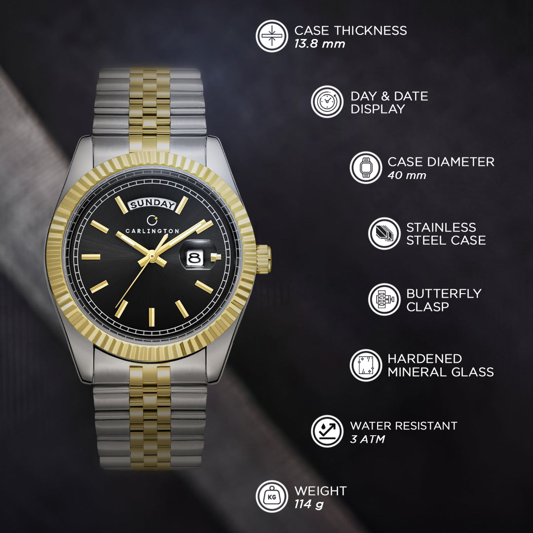Carlington Analog Gents Watches with Stainless Steel Chain Strap | Day and Date Display | Premium Gift Watches for Men – Stylish Casual & Formal Wrist Watch - CT 8888