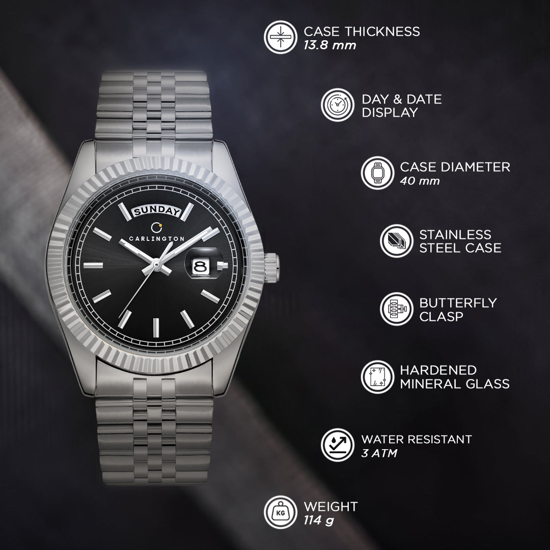 Carlington Analog Gents Watches with Stainless Steel Chain Strap | Day and Date Display | Premium Gift Watches for Men – Stylish Casual & Formal Wrist Watch - CT 8888