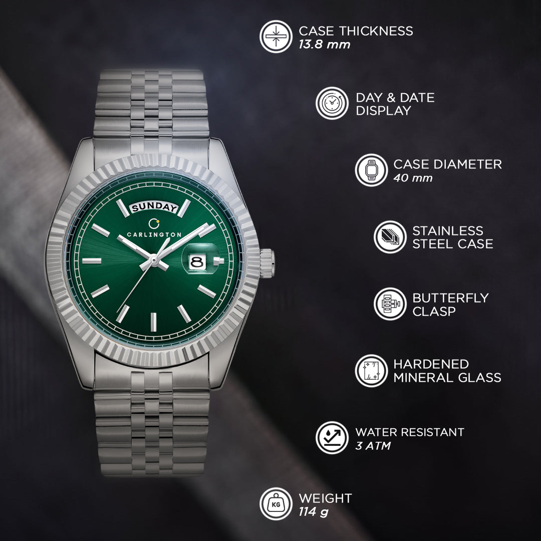 Carlington Analog Gents Watches with Stainless Steel Chain Strap | Day and Date Display | Premium Gift Watches for Men – Stylish Casual & Formal Wrist Watch - CT 8888