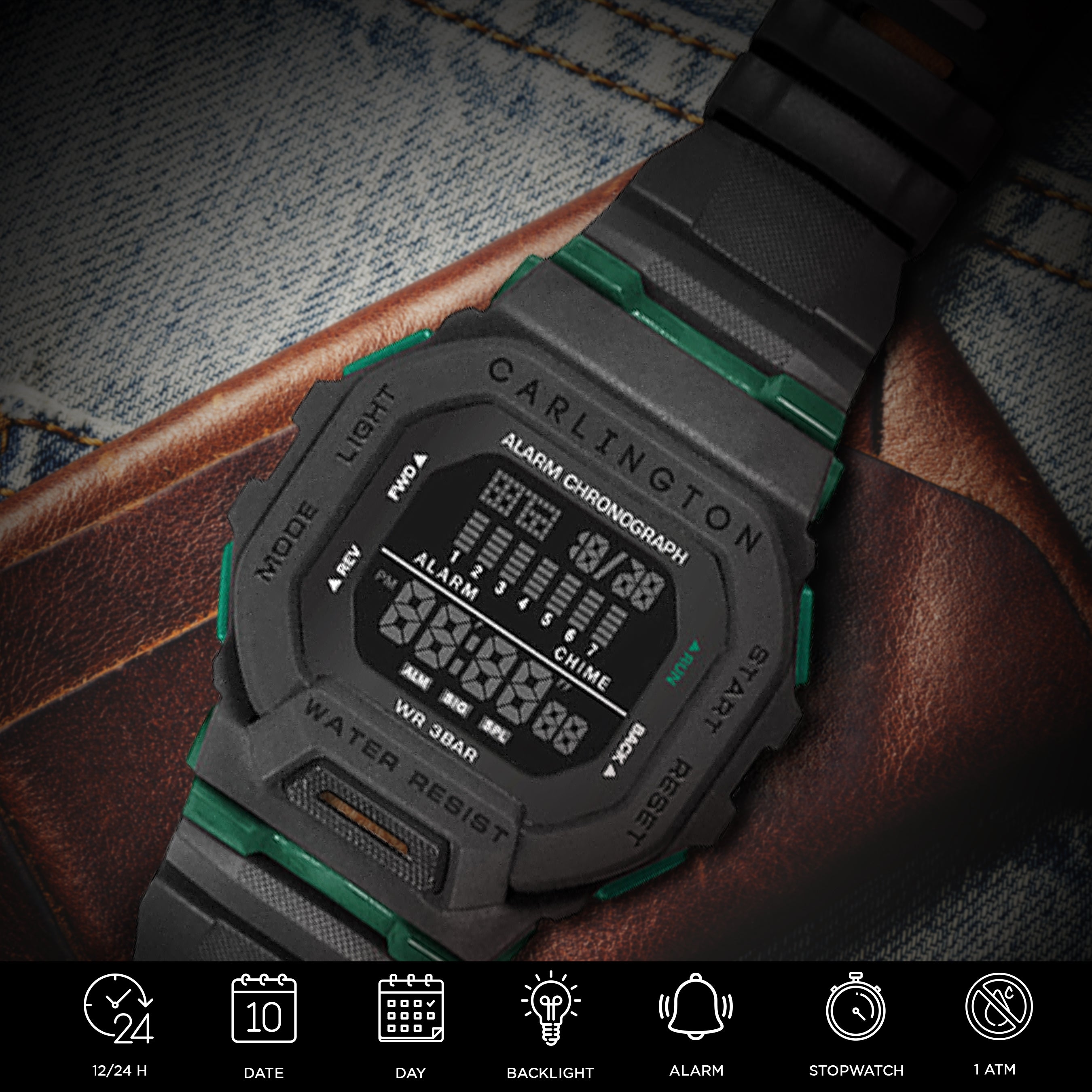 Carlington Digital Sports Watch, Dual Time, Alarm, Calendar, Stopwatch, Water-Resistant, Shock-Resistant, Back Light Display. The Perfect Watch for Men - CT 2106