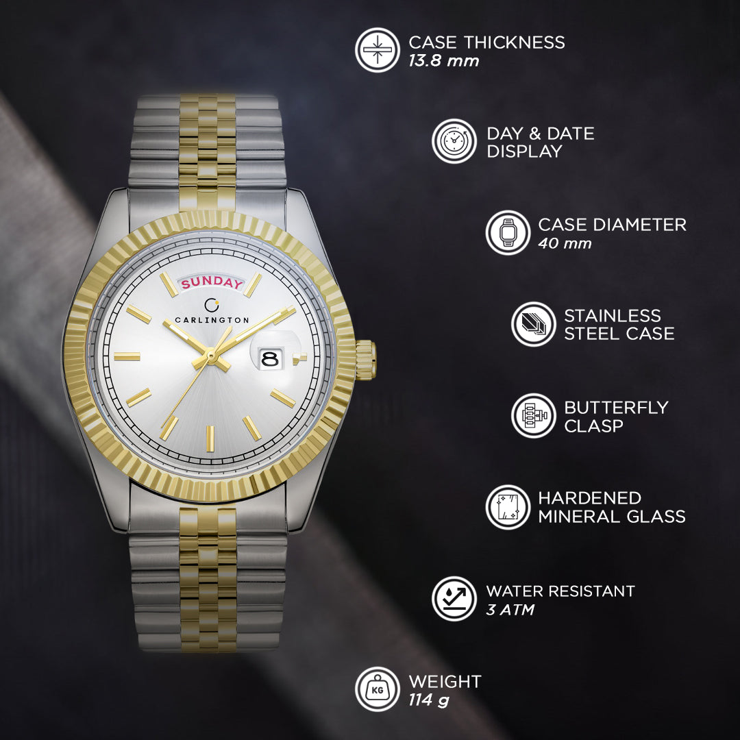 Carlington Analog Gents Watches with Stainless Steel Chain Strap | Day and Date Display | Premium Gift Watches for Men – Stylish Casual & Formal Wrist Watch - CT 8888