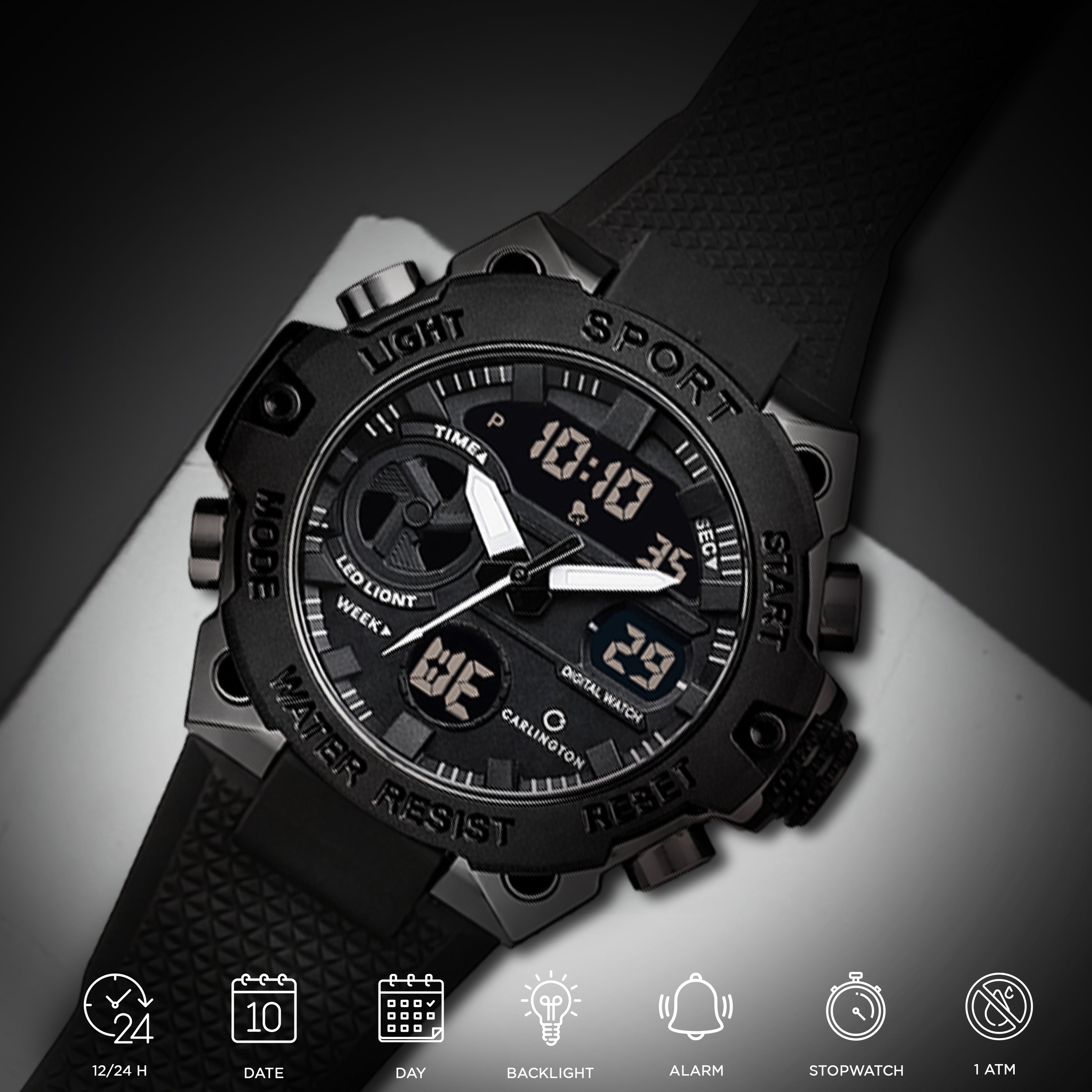 Carlington Analog-Digital Sports Watch, Dual Time,Alarm, Stopwatch, Calendar, Water-Resistant, Shock-Resistant, Back Light Display. The Perfect Watches for Men-CT_8665
