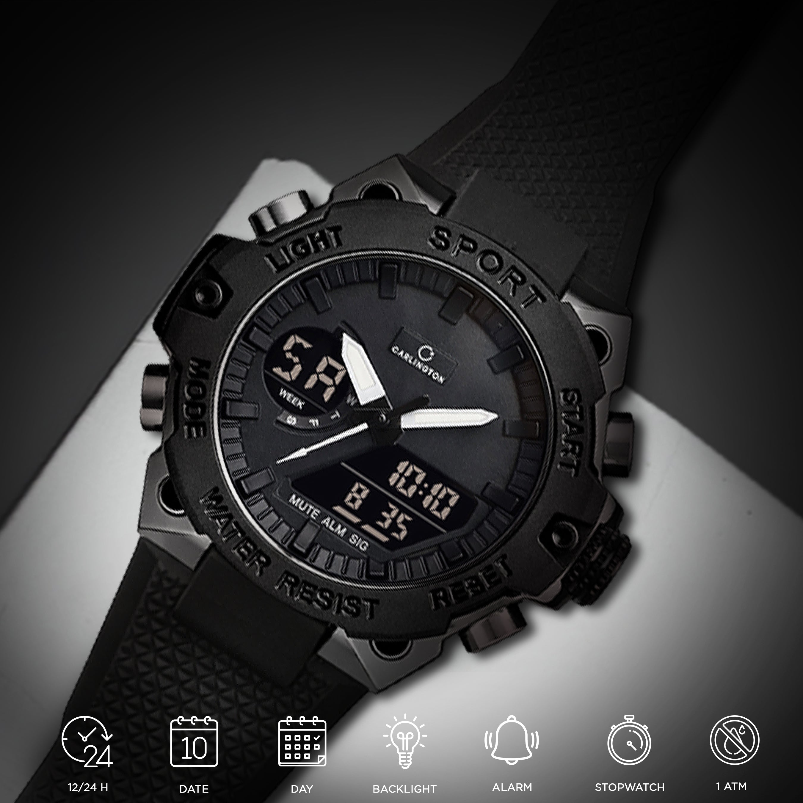 Carlington Analog-Digital Sports Watch, Dual Time,Alarm, Stopwatch, Calendar, Water-Resistant, Shock-Resistant, Back Light Display. The Perfect Watches for Men-CT_8675