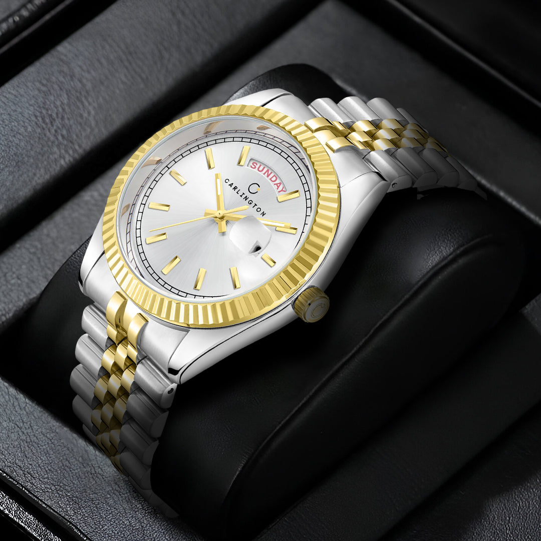 Carlington Analog Gents Watches with Stainless Steel Chain Strap | Day and Date Display | Premium Gift Watches for Men – Stylish Casual & Formal Wrist Watch - CT 8888