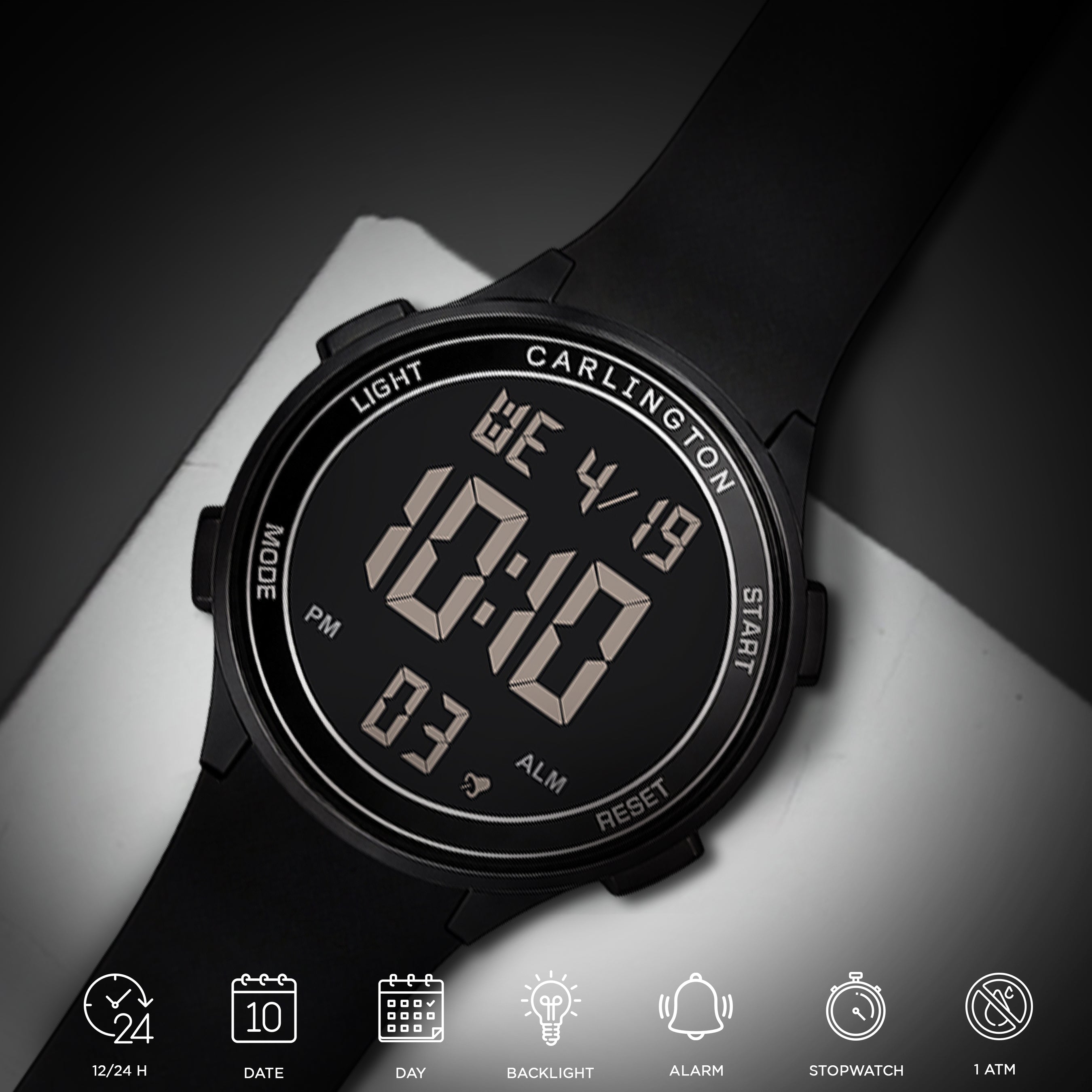 Carlington Digital Sports Watch,Alarm, Stopwatch, Water-Resistant, Shock-Resistant, Back Light Display. The Perfect Watches for Men-CT_8685