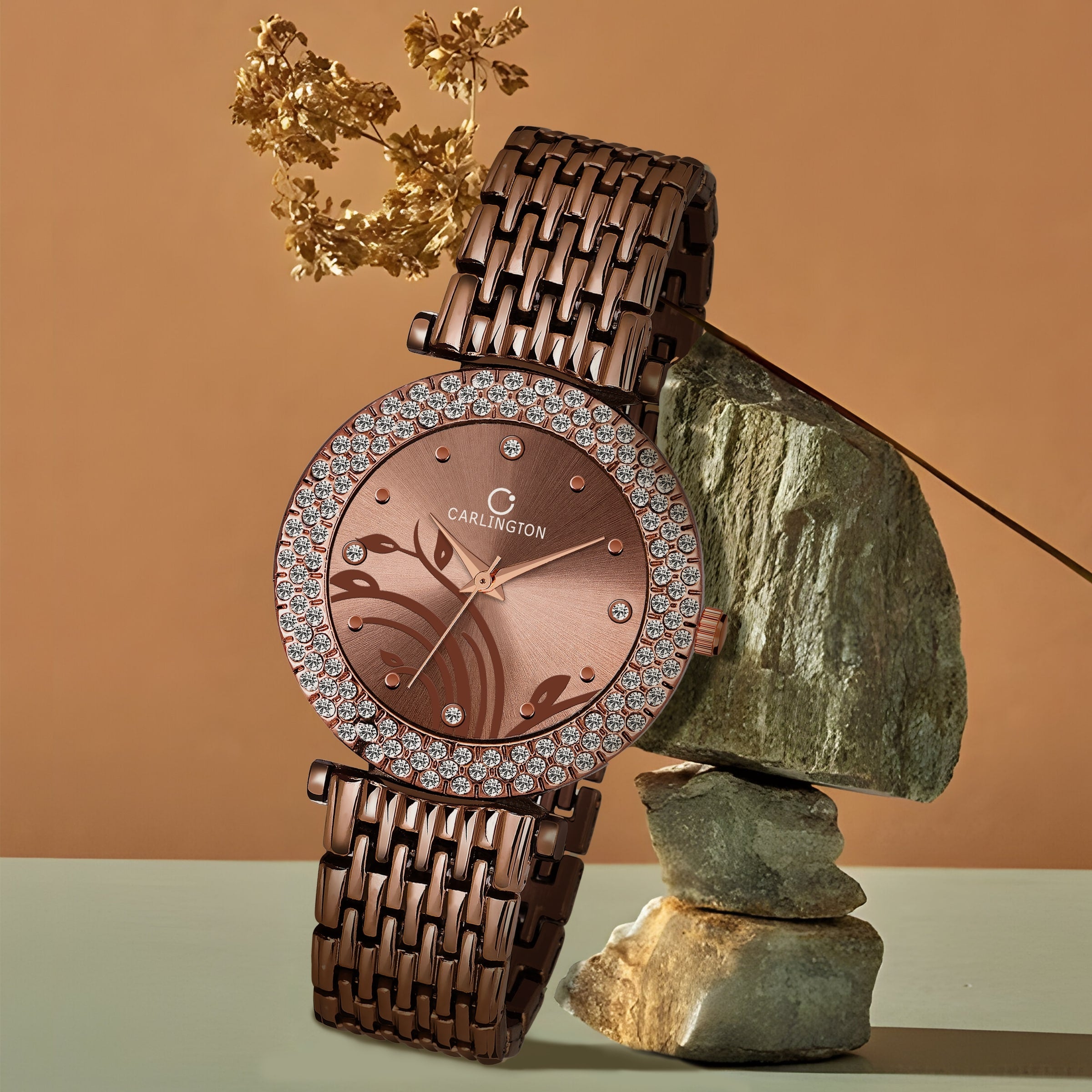 Carlington classic flower dial women's analog watch brown