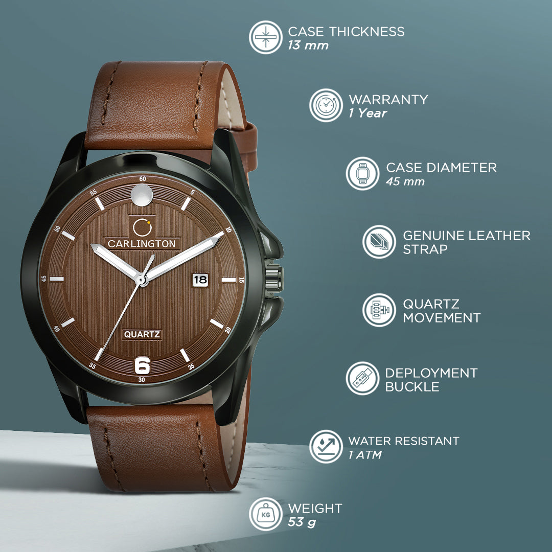 Carlington Elite Gents Water Resistant Genuine Leather Strap With Date Display