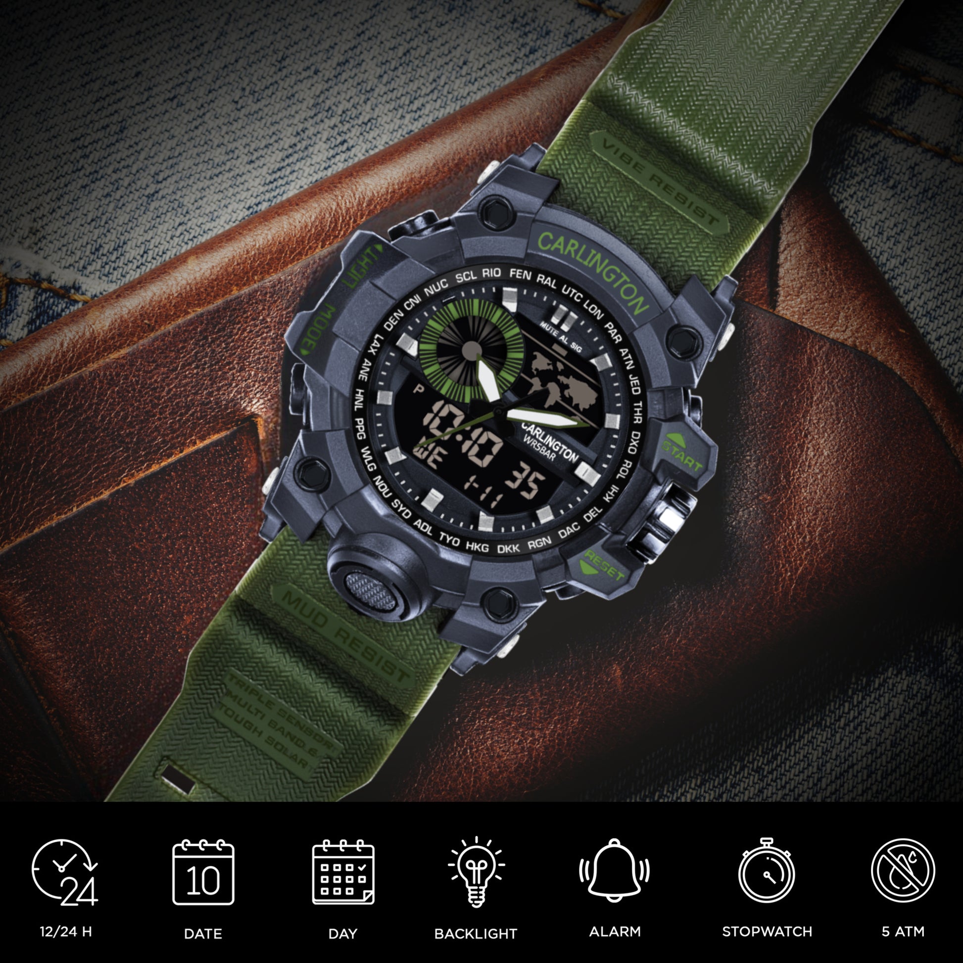 Carlington Analog-Digital Watch - 3388 Green