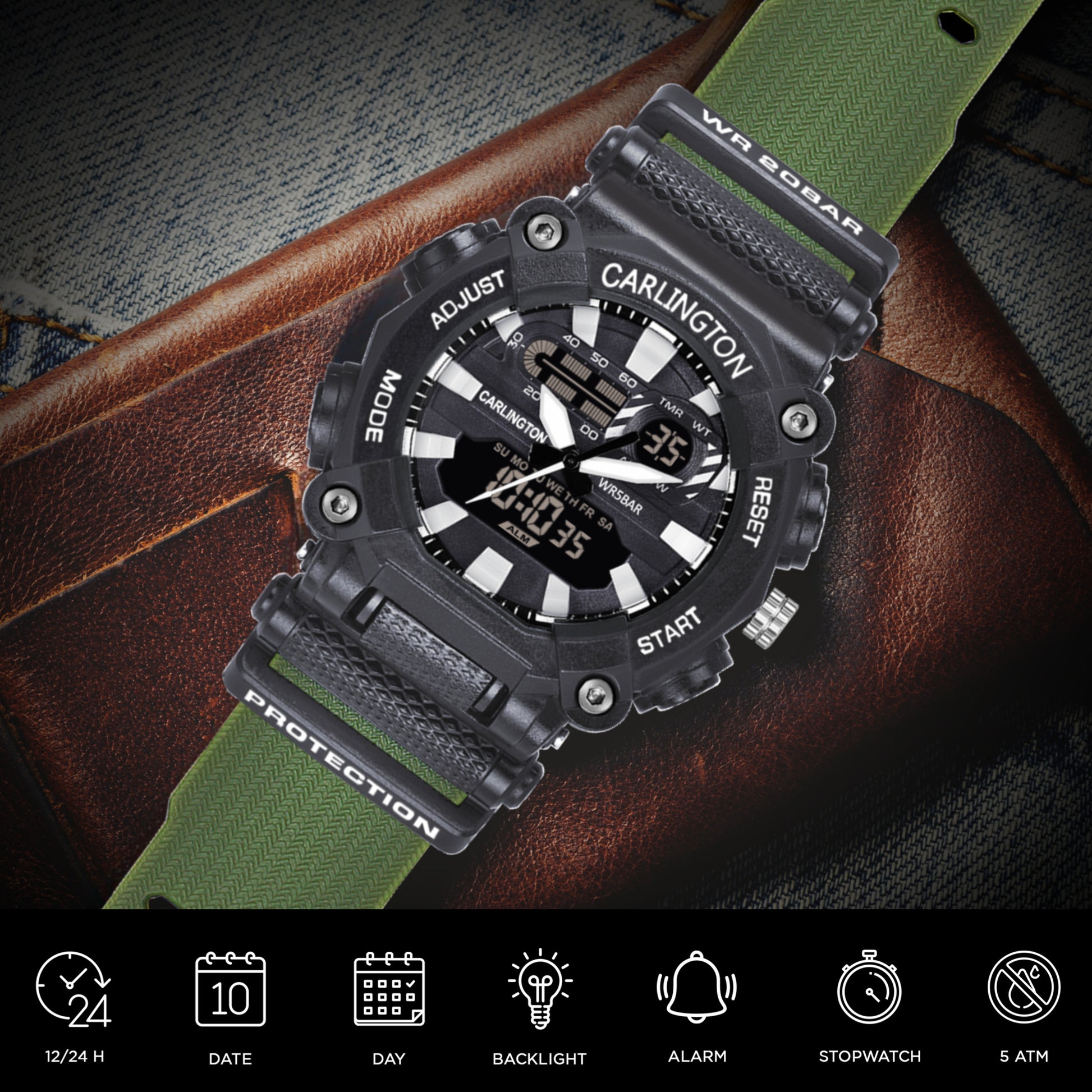 Carlington Analog-Digital Watch - 3311 Green