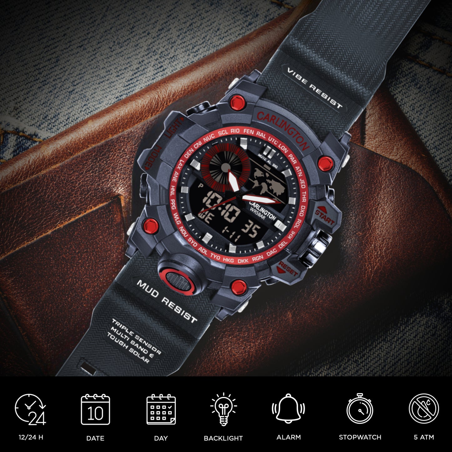 Carlington Analog-Digital Watch - 3388 Red