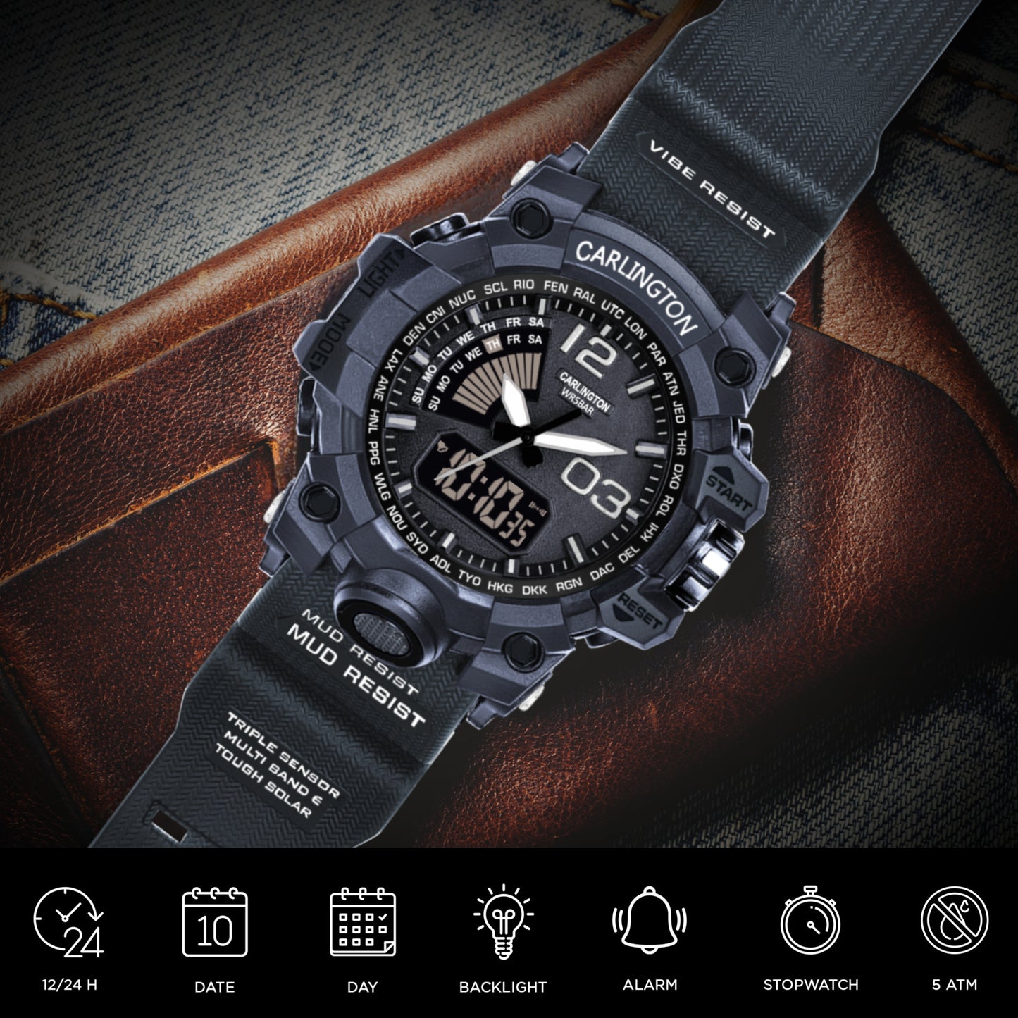 Carlington Analog-Digital Watch - 3366 Black