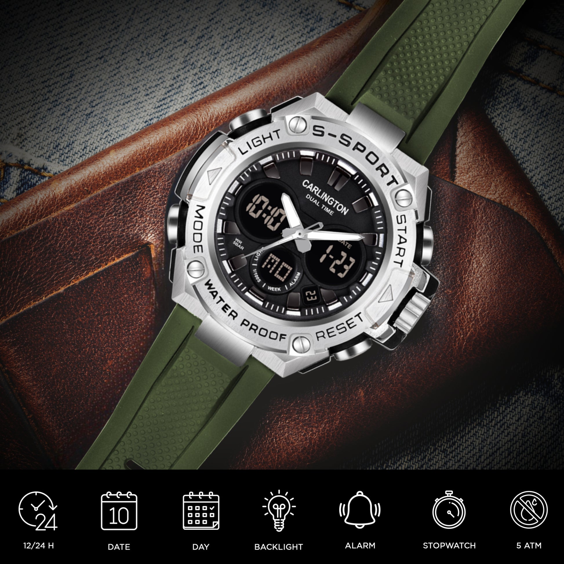 Carlington Analog-Digital Watch - 9107 Green